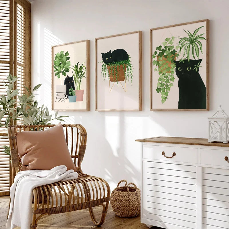 Impresiones artísticas de pared botánicas de gato negro, hojas verdes, plantas, póster bohemio, pinturas decorativas, decoración del hogar para dormitorio y sala de estar