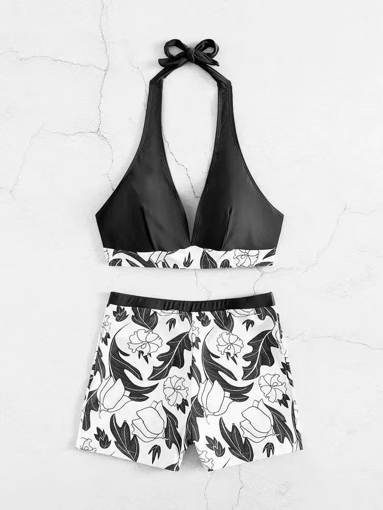 Conjunto de bikini estilo halter 2025, traje de baño corto de cintura alta para mujer, bañador estampado para mujer, traje de baño para playa