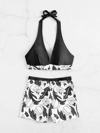 Conjunto de bikini estilo halter 2025, traje de baño corto de cintura alta para mujer, bañador estampado para mujer, traje de baño para playa
