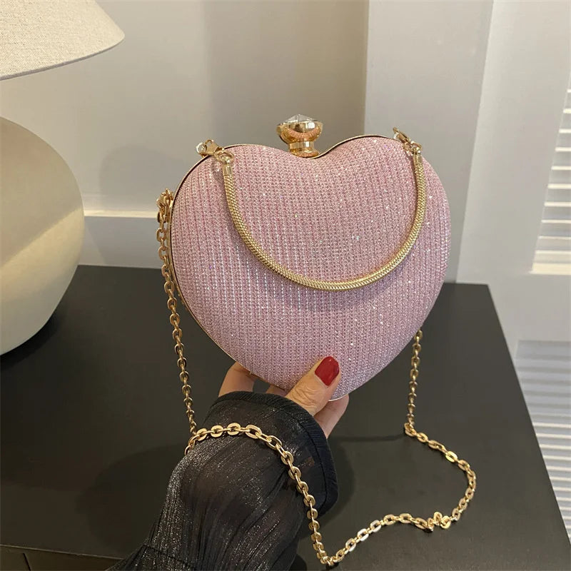 Bolso de mano de noche para mujer, bolso brillante con forma de corazón