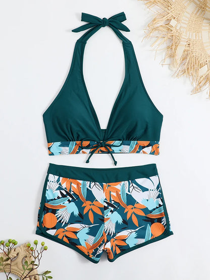 Conjunto de bikini estilo halter 2025, traje de baño corto de cintura alta para mujer, bañador estampado para mujer, traje de baño para playa