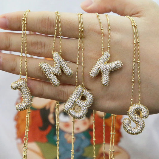 Collar con inicial de globo de circonita cúbica, colgante con letra burbuja del alfabeto AZ, chapado en oro y latón, para mujer, joyería de moda