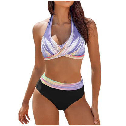 Bikini de playa con estampado floral y bloques de color para mujer, traje de baño de cintura alta de dos piezas para adolescentes
