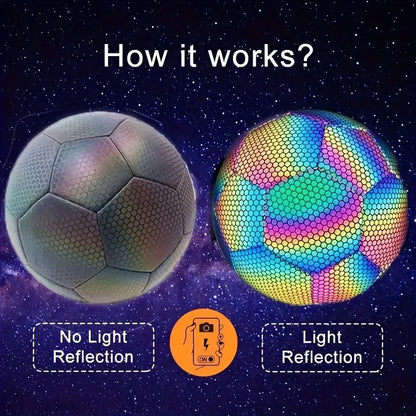 Balón de fútbol luminoso tamaño 5, profesional, de piel sintética, reflectante, con diseño que brilla en la oscuridad, para jugar en interiores y exteriores.