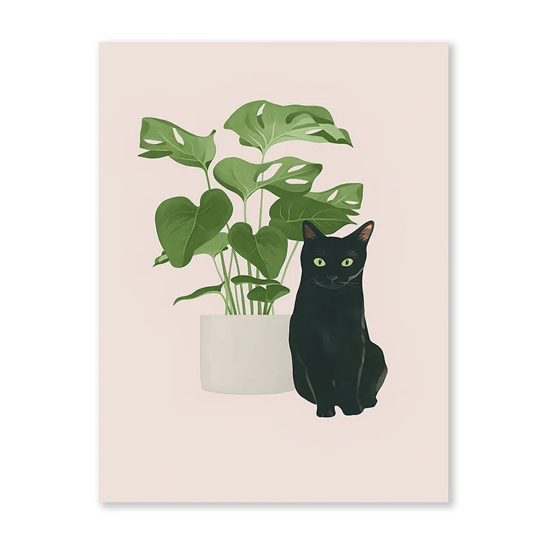 Impresiones artísticas de pared botánicas de gato negro, hojas verdes, plantas, póster bohemio, pinturas decorativas, decoración del hogar para dormitorio y sala de estar