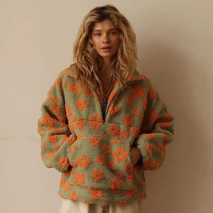 Sudadera de lana floral de moda Sudadera con capucha de manga larga cálida y elegante para mujer Estilo callejero Tela de poliéster Otoño Invierno