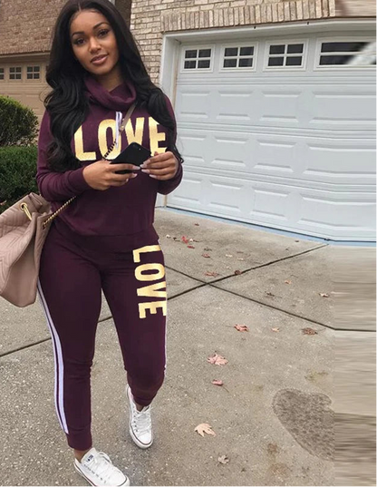 Conjunto de 2 piezas para mujer, sudadera con capucha de cuello alto con estampado de letras de amor, pantalones, chándal, ropa de calle de talla grande