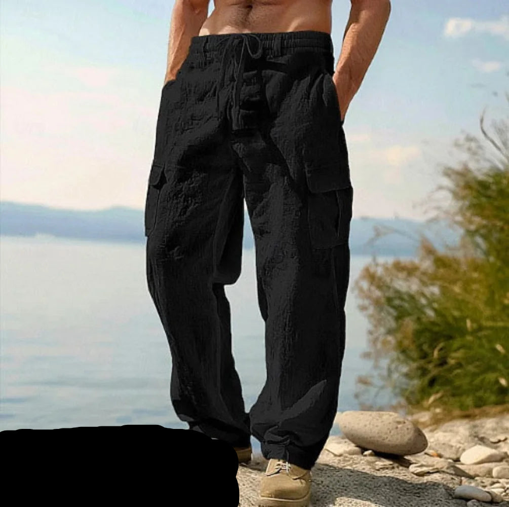 Pantalones de algodón y lino para hombres europeos y americanos, pantalones de trabajo con múltiples bolsillos, ropa deportiva recta holgada y pantalones casuales