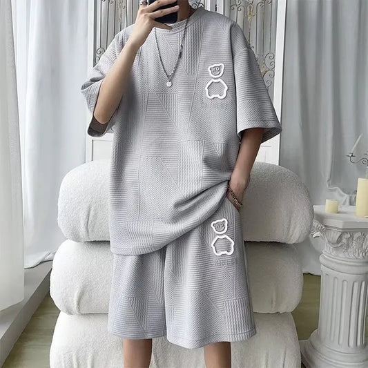 Costume pour hommes nouvelle mode coréenne de haute rue T-shirt short ensemble deux pièces col rétro vêtements de créateurs pour hommes 