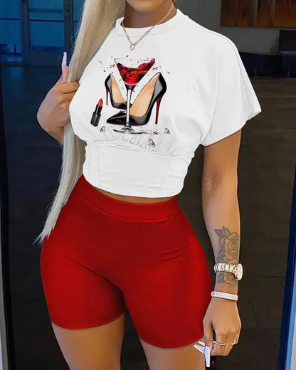 Conjunto informal de camiseta y pantalones cortos de manga corta con cuello redondo para mujer, blusa con estampado de letras de verano, pantalones cortos lisos, conjunto de dos piezas para mujer