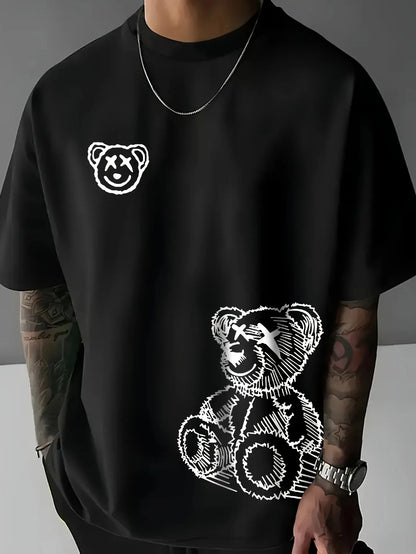 Camiseta de verano para hombre, 100 % algodón, informal, holgada, de calle, con estampado de oso de dibujos animados, cuello redondo y manga corta