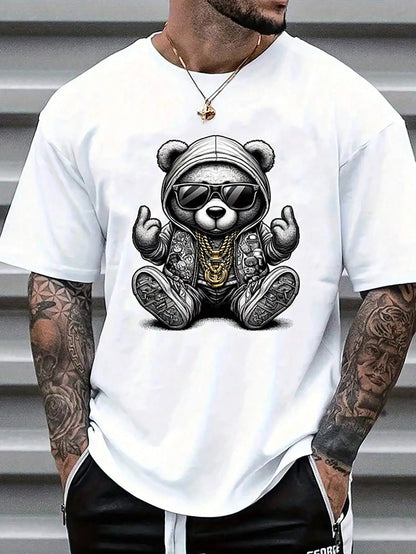 Camiseta de verano para hombre, informal, de cuello redondo, con estampado de oso de dibujos animados, de manga corta, moderna y cómoda.