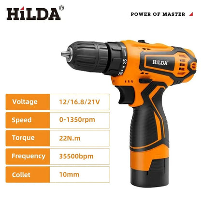HILDA Perceuse sans fil 12 V 16,8 V 21 V Tournevis électrique Mini tournevis électrique Batterie lithium-ion CC Outils électriques