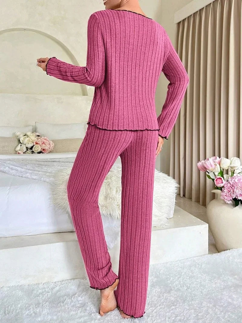 Conjunto de pijamas acanalados para mujer, ropa de dormir de otoño e invierno,