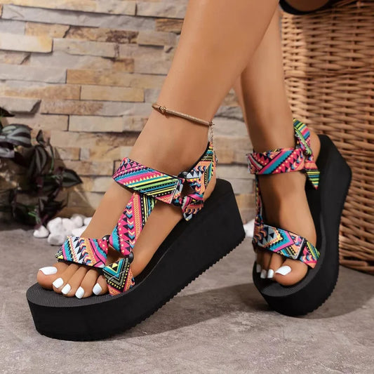 Zapatos de suela gruesa para mujer Sandalias altas de tela cómodas