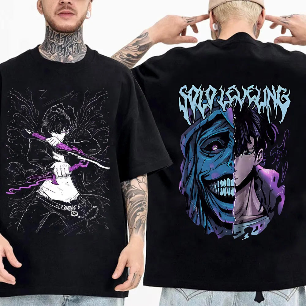 Camiseta de anime japonés Solo Leveling para hombre, camisetas gráficas de dibujos animados de Sung Jinwoo, camiseta Harajuku de manga corta de algodón de alta calidad