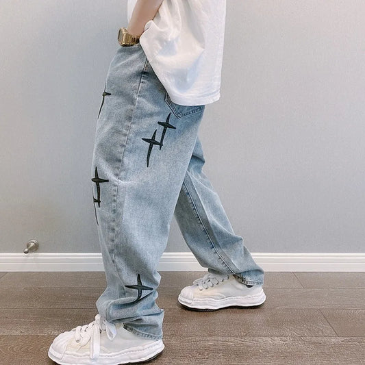 Pantalones Cargo de  holgados informales rectos a la moda Vintage para novio, pantalones vaqueros con estampado de estrellas para hombre, ropa de calle, pantalones vaqueros de pierna ancha holgados
