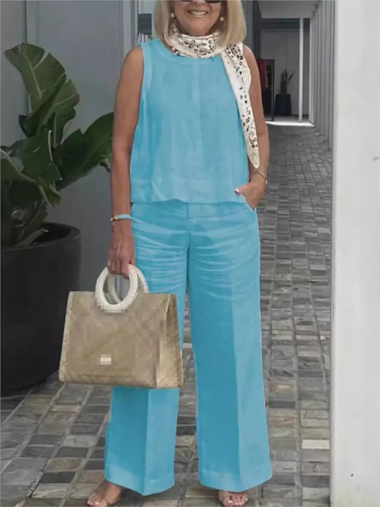 Women's Cotton Linen Clothing Set Loose Sleeveless Top Wide Leg Pants Casual Outfits 2 Piece Set