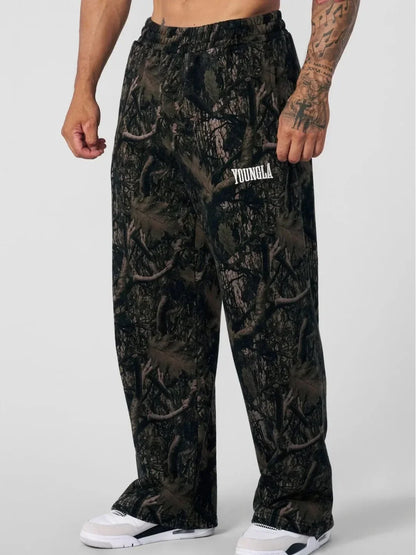 Pantalones casuales de moda americana, pantalones de pierna recta con estampado de camuflaje digital, pantalones deportivos de fitness, pantalones holgados de pierna ancha
