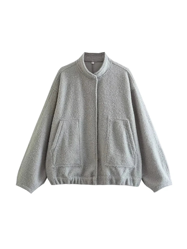 Chaqueta Bomber de gran tamaño con bolsillos para mujer, abrigo Vintage de manga larga con botón a presión, prendas de vestir exteriores para mujer, Tops elegantes