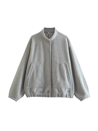 Chaqueta Bomber de gran tamaño con bolsillos para mujer, abrigo Vintage de manga larga con botón a presión, prendas de vestir exteriores para mujer, Tops elegantes