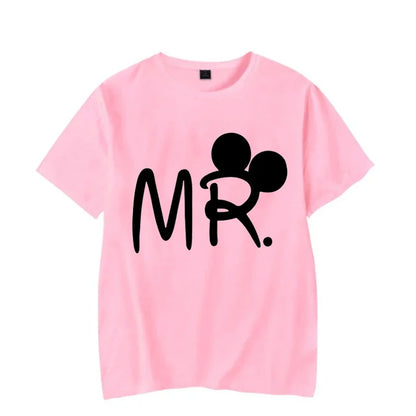 Camiseta de manga corta con estampado de ratón y dibujos animados de Mr. Mrs para parejas, camiseta de verano con estampado de letras, camiseta informal holgada para amantes, camiseta unisex