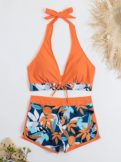 Conjunto de bikini estilo halter 2025, traje de baño corto de cintura alta para mujer, bañador estampado para mujer, traje de baño para playa
