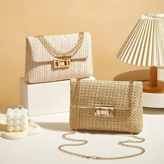 Bolso de hombro tejido a mano de paja para mujer, bolso cruzado de color sólido de moda con cierre de cerradura