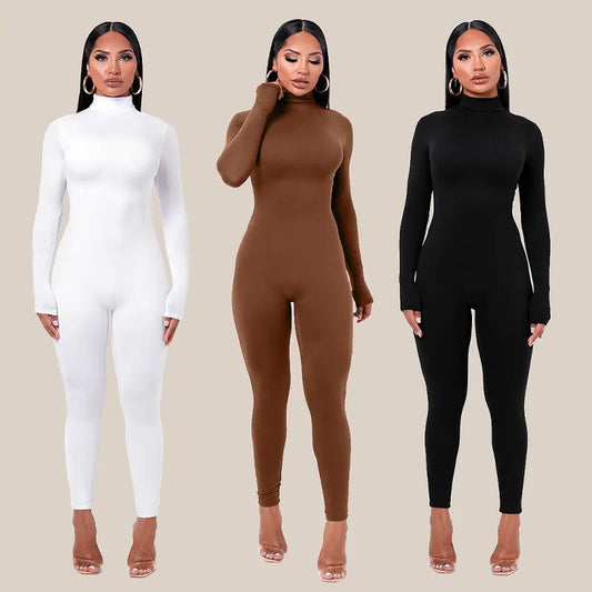 Winter Warm Women Jumpsuit Autumn New Fashion Turtleneck Long Sleeve High Waist Pants Elegant Office Lady Bodycon Romper