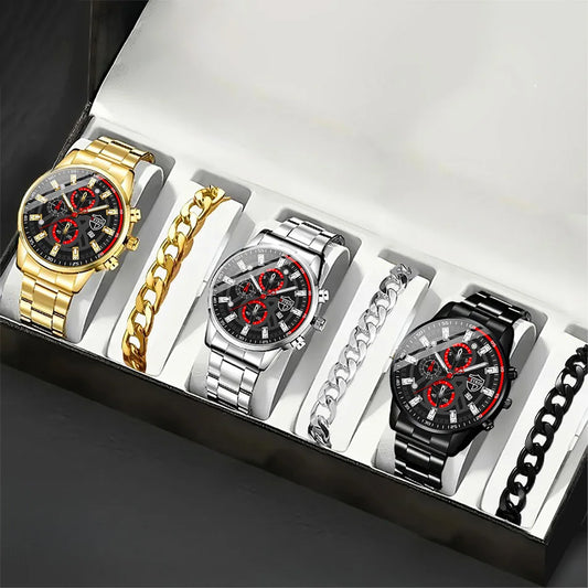 Juego de relojes para hombre, de acero inoxidable, de cuarzo, de lujo, para negocios y ocio.
