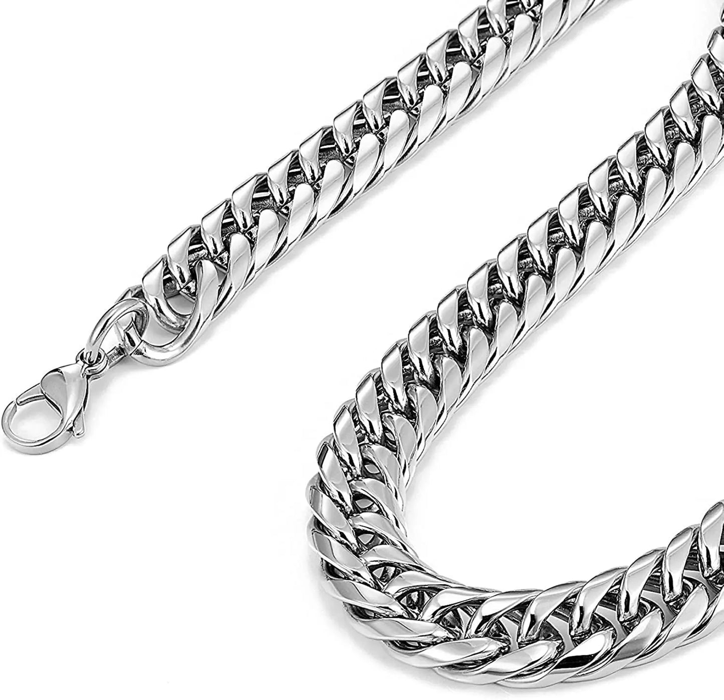 Collier chaîne cubaine en acier inoxydable HNSP pour hommes couleur argent 8 mm-14 mm d'épaisseur longue chaîne à main cadeau pour hommes