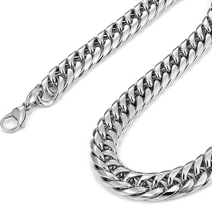 Collier chaîne cubaine en acier inoxydable HNSP pour hommes couleur argent 8 mm-14 mm d'épaisseur longue chaîne à main cadeau pour hommes