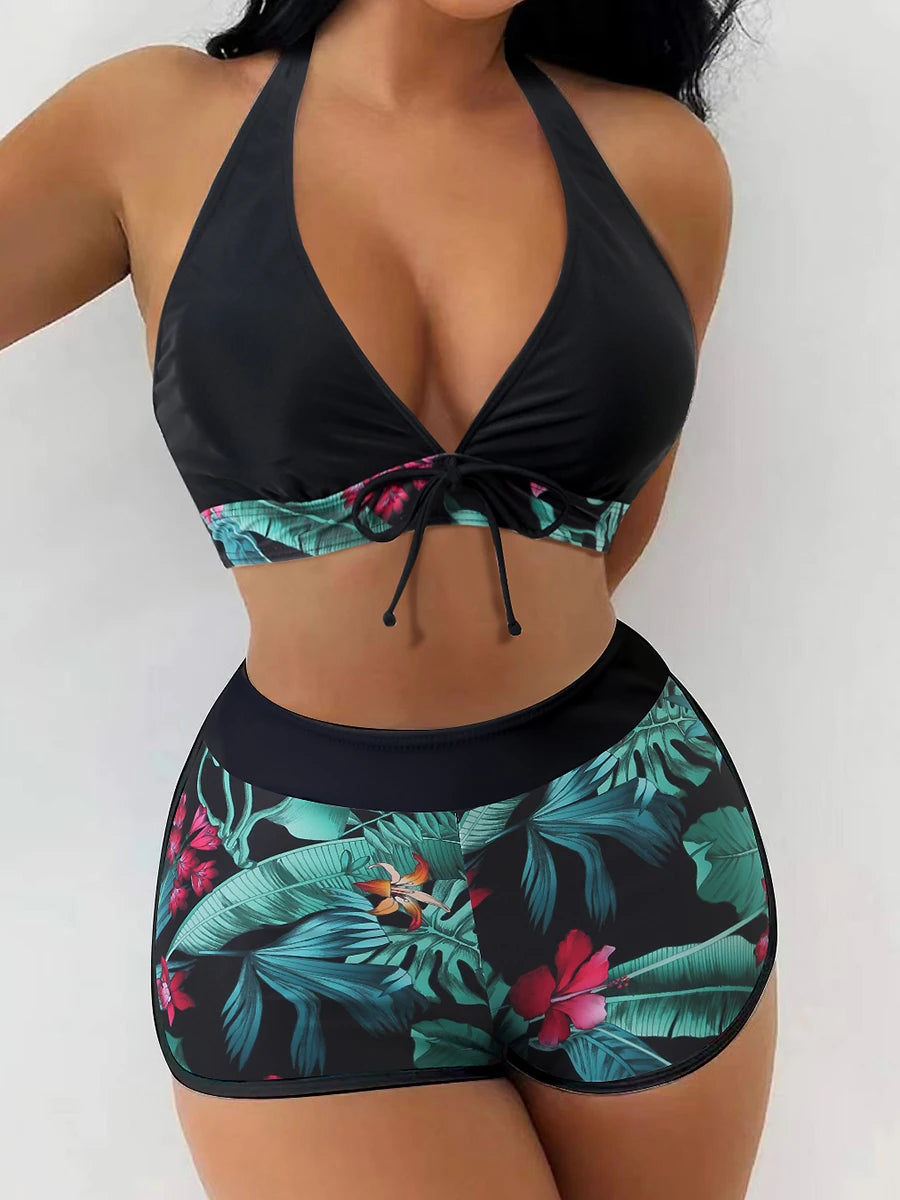 Conjunto de bikini estilo halter 2025, traje de baño corto de cintura alta para mujer, bañador estampado para mujer, traje de baño para playa
