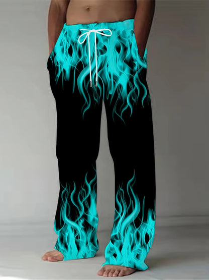Pantalones de moda de verano para hombre, pantalones de pierna recta con estampado de llamas Retro informales, pantalones holgados con cordón como regalo