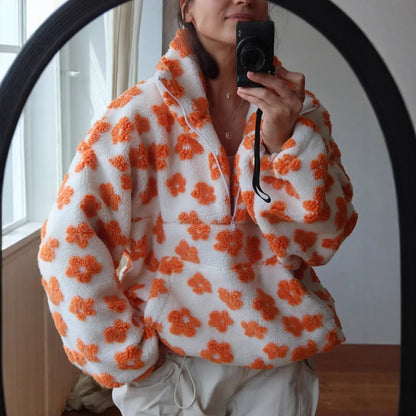 Sudadera de lana floral de moda Sudadera con capucha de manga larga cálida y elegante para mujer Estilo callejero Tela de poliéster Otoño Invierno