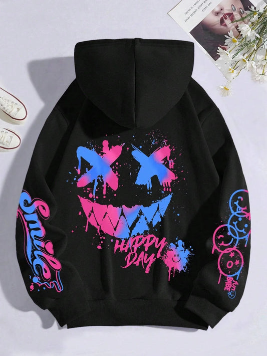 sudadera unisex con capucha transpirable y cómoda con estampado de cara sonriente personalizada de otoño para hombre, sudadera con capucha de moda urbana para exteriores