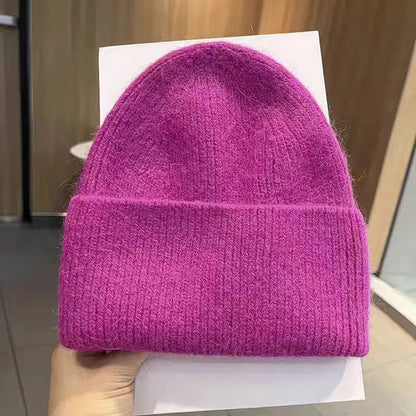 Gorro de punto de Angora para mujer, gorros de punto esponjosos de piel de conejo, gorro de lujo de Corea para mujer