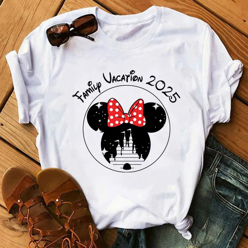 Camiseta de verano nueva de Disney Mickey y Minnie 2025 con estampado boni mujer, camiseta de manga corta, top informal holgadto Y2k para mujer