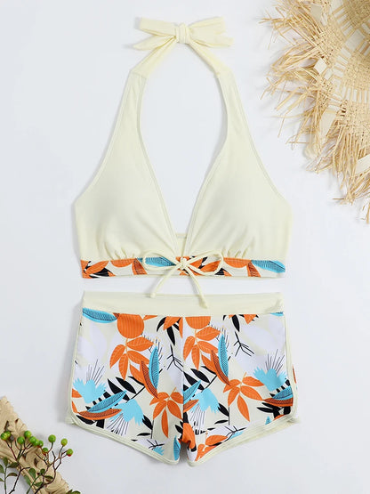 Conjunto de bikini estilo halter 2025, traje de baño corto de cintura alta para mujer, bañador estampado para mujer, traje de baño para playa