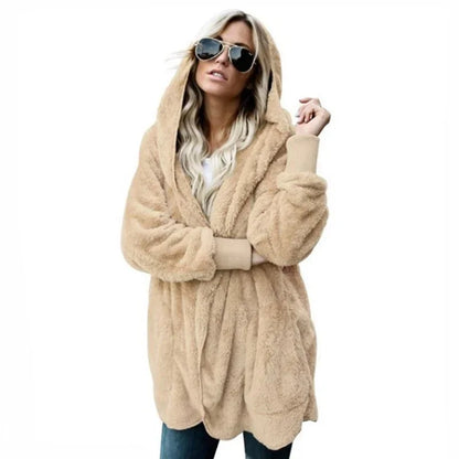 Manteau chaud en peluche pour femme à manches longues, couleur unie, à capuche, surdimensionné, hiver, automne