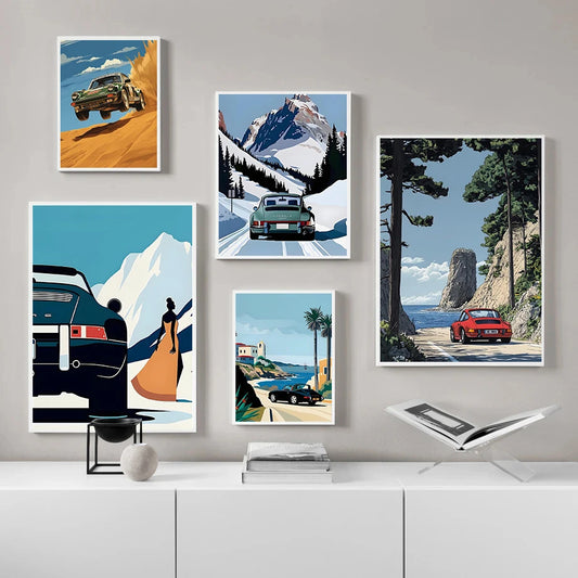 mpresiones de dibujos animados de viaje alpin Retro, pintura en lienzo, imagen artística de pared, decoración para sala de estar y hogar