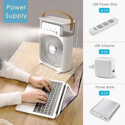 Ventilador eléctrico con nebulizador de agua, humidificador de aire, luz nocturna LED, adecuado para familias, aire acondicionado portátil, triple enfriador, refrigeración para el hogar.
