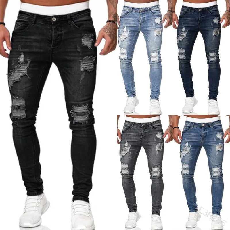 Pantalones vaqueros ajustados rotos estilo callejero de moda para hombre, pantalones vaqueros lisos con lavado vintage, pantalones vaqueros ajustados informales para hombre, gran oferta