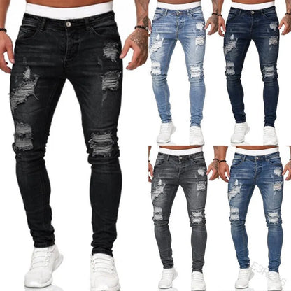 Pantalones vaqueros ajustados rotos estilo callejero de moda para hombre, pantalones vaqueros lisos con lavado vintage, pantalones vaqueros ajustados informales para hombre, gran oferta