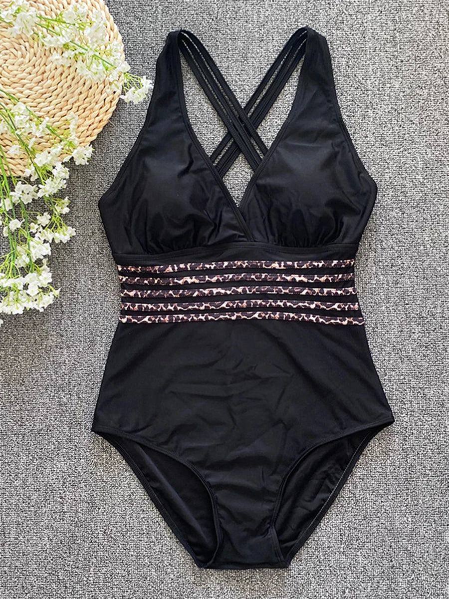 Traje de baño de una pieza con cuello en V para mujer, bañador vintage sexy de leopardo, traje de baño para mujer, traje de baño para playa, 2025