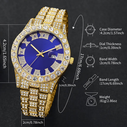 Reloj de pulsera de cuarzo para hombre, de acero inoxidable, con diamantes, calendario y fecha.
