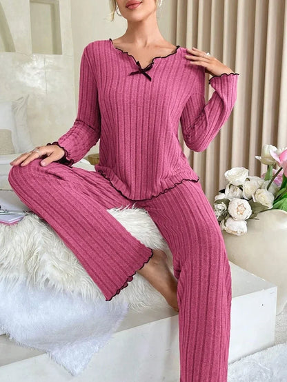 Conjunto de pijamas acanalados para mujer, ropa de dormir de otoño e invierno,