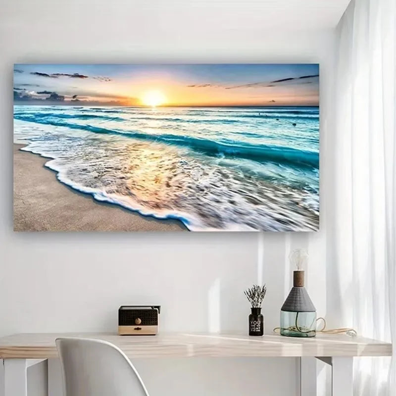 Pósteres artísticos de pared de puesta de sol de playa, pintura en lienzo de paisaje grande, impresión, imagen de decoración de pared nórdica para decoración del hogar sin marco