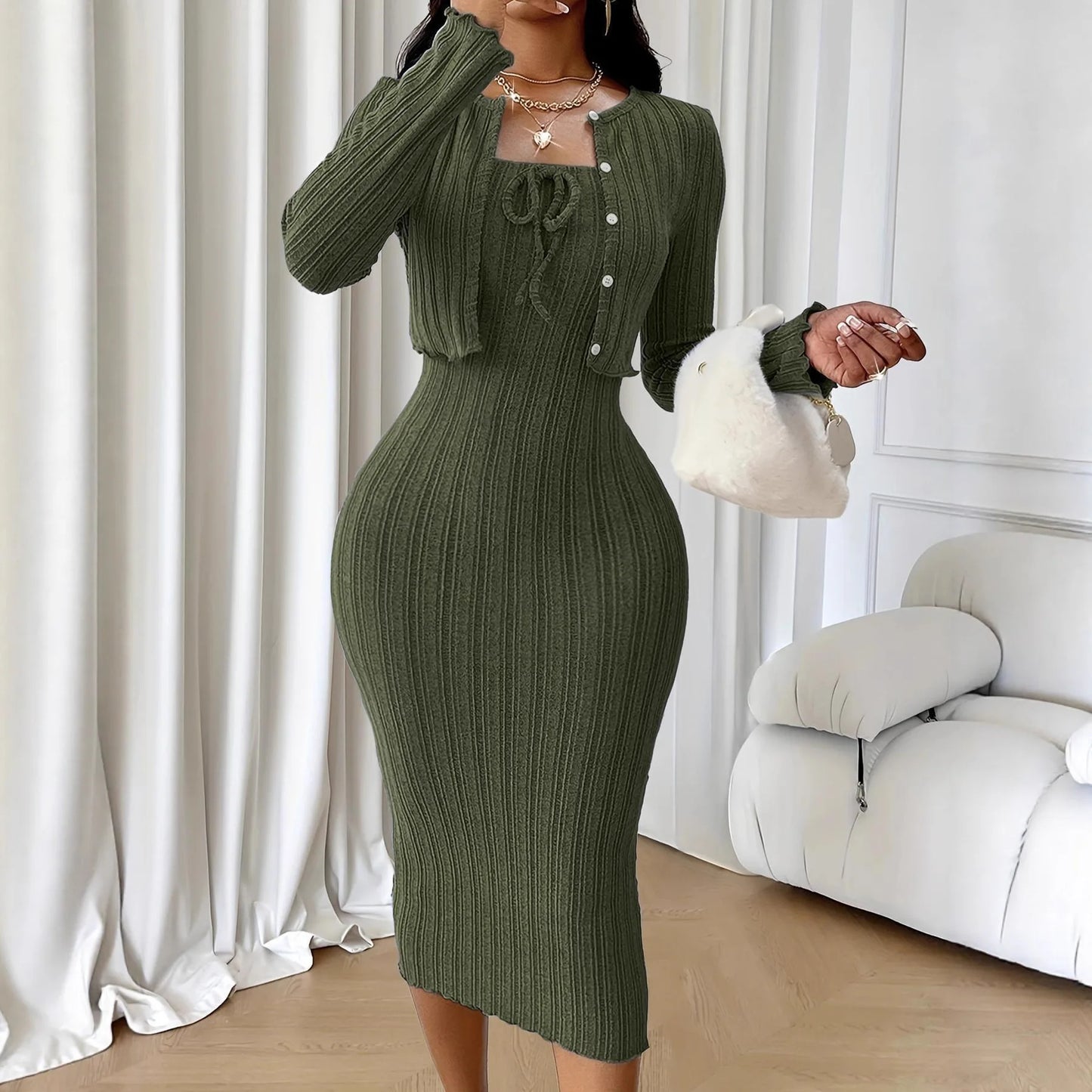 Conjunto de vestido de punto de estilo francés ajustado para mujer, traje informal de longitud media