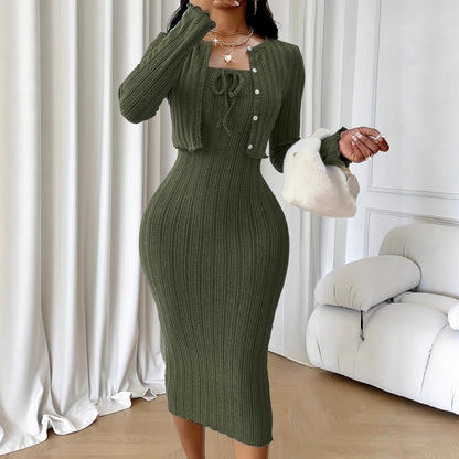 Conjunto de vestido de punto de estilo francés ajustado para mujer, traje informal de longitud media